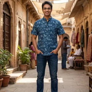 Blue Warley Print Cotton Short Kurta